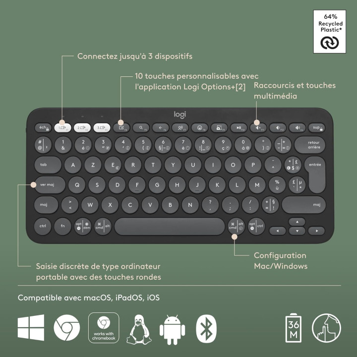 Clavier sans fil LOGITECH PEBBLE KEYS K380S  920-011803
