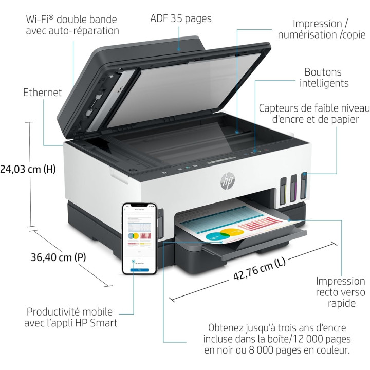 Multifonction HP SMART TANK PLUS 7305 chargeur   impRV copie scan usb wifi
