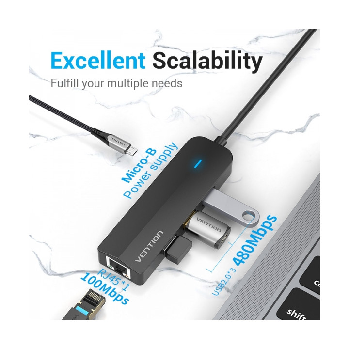 Hub USB-C vers 3 x usb2.0 + Micro-b + rj45 ethernet