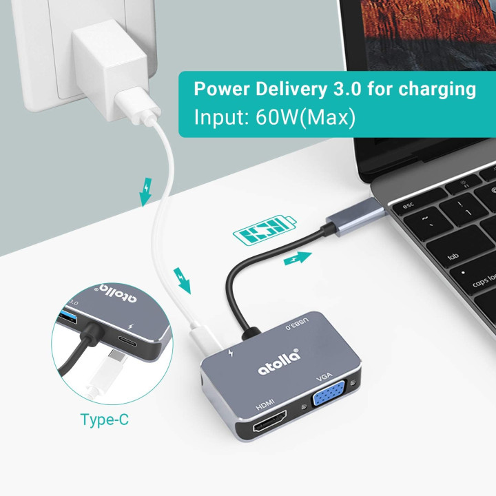 Hub USB-C vers VGA HDMI USB3.0 USB-C charge 60w