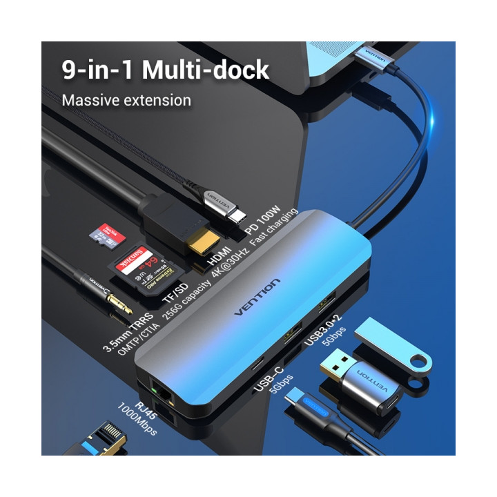 Dock USB-C vers HDMI 4K + 2x USB3.0 + 2xUSB-C charge  PD87W+ rj45 lect mem audio