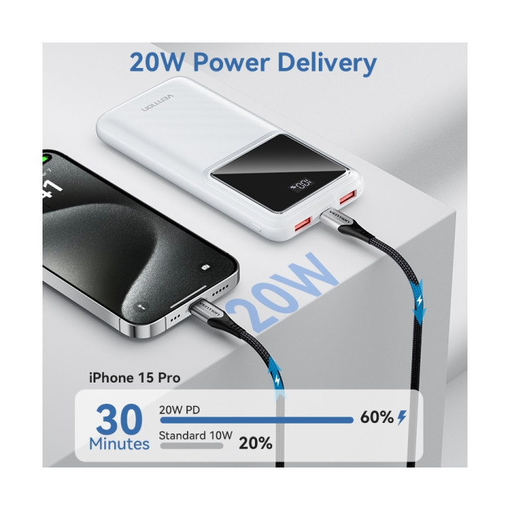 Batterie externe usb powerbank 10 000mAh blanc 22.5w USB-A USB-C microUSB