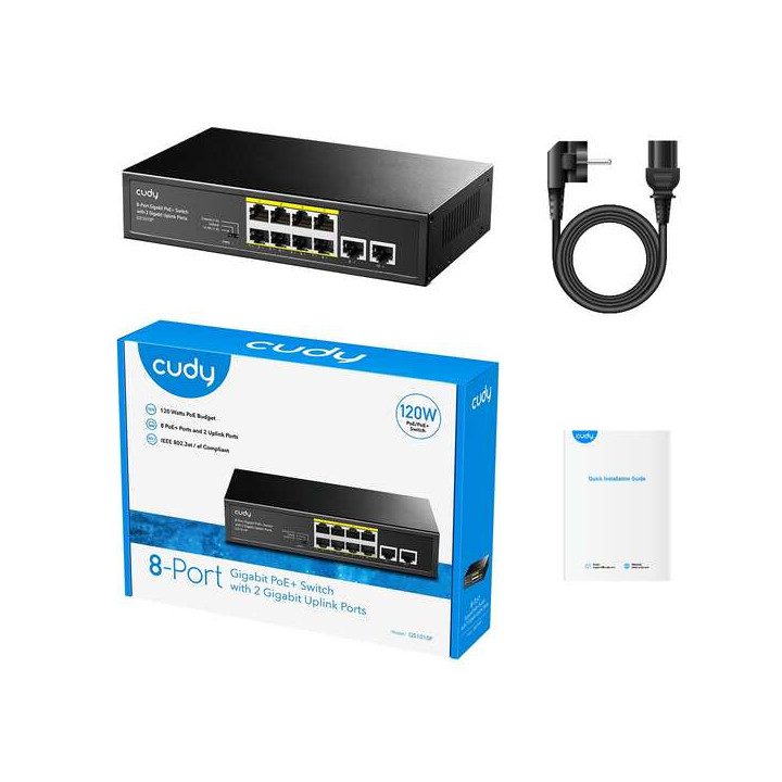 Switch 8 ports 10/100/1000 CUDY GS1010P métal  8 ports POE POE+ 120w max