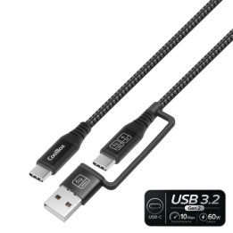 Cable USB-C vers USB-C noir avec adapatateur USB-A 60W 1.8m