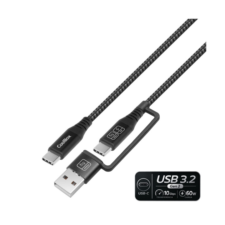 Cable USB-C vers USB-C noir avec adapatateur USB-A 60W 1.8m