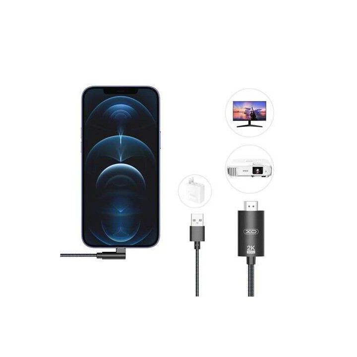 Cable LIGHTNING vers HDMI + alimentation en usb  2k 1080p 1.8m