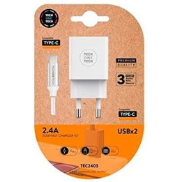Chargeur secteur 2x USB 2.4A + cable USB-A vers USB-C blanc