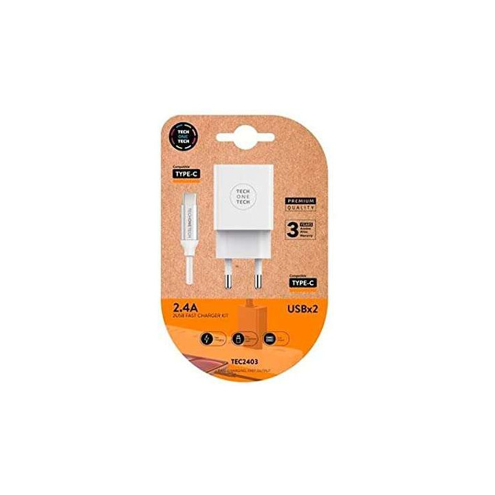 Chargeur secteur 2x USB 2.4A + cable USB-A vers USB-C blanc