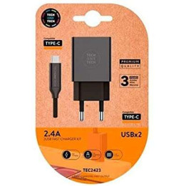 Chargeur secteur 2x USB 2.4A + cable USB-A vers USB-C noir