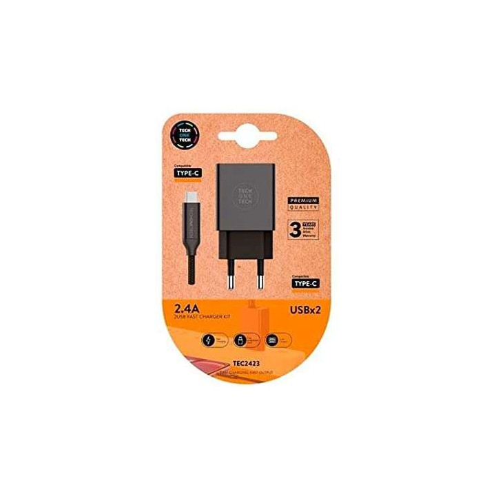 Chargeur secteur 2x USB 2.4A + cable USB-A vers USB-C noir