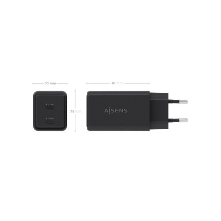 Chargeur telephone et PC portable  65W AISEN 2x USB-C PD3.0 QC4.0 noir