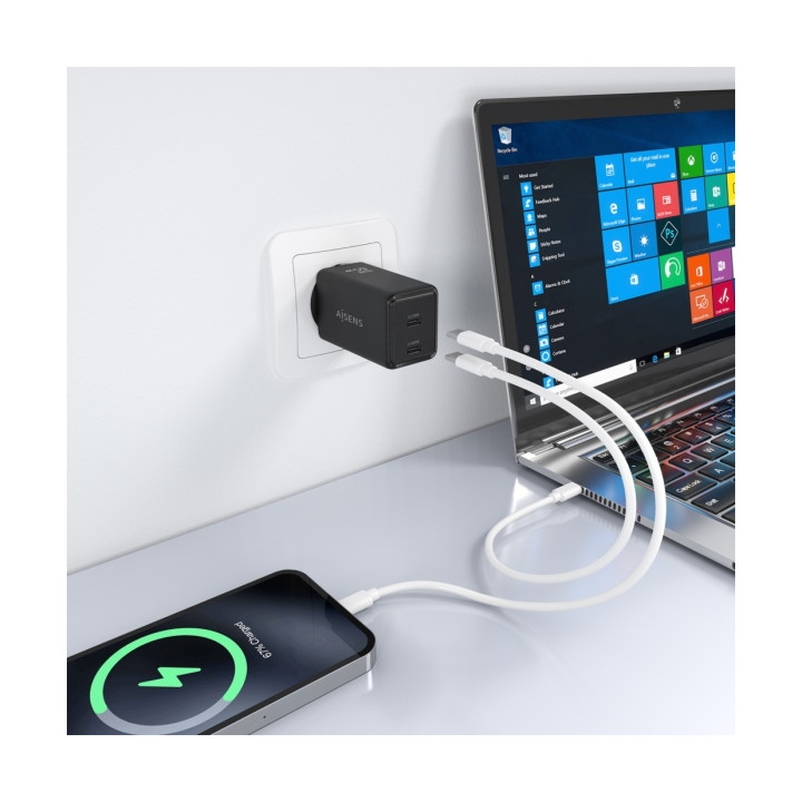 Chargeur telephone et PC portable  65W AISEN 2x USB-C PD3.0 QC4.0 noir