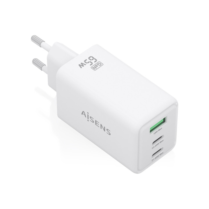 Chargeur telephone et PC portable  65W AISEN 2xUSB-C PD3.0 QC4.0  1xUSB-A  blanc