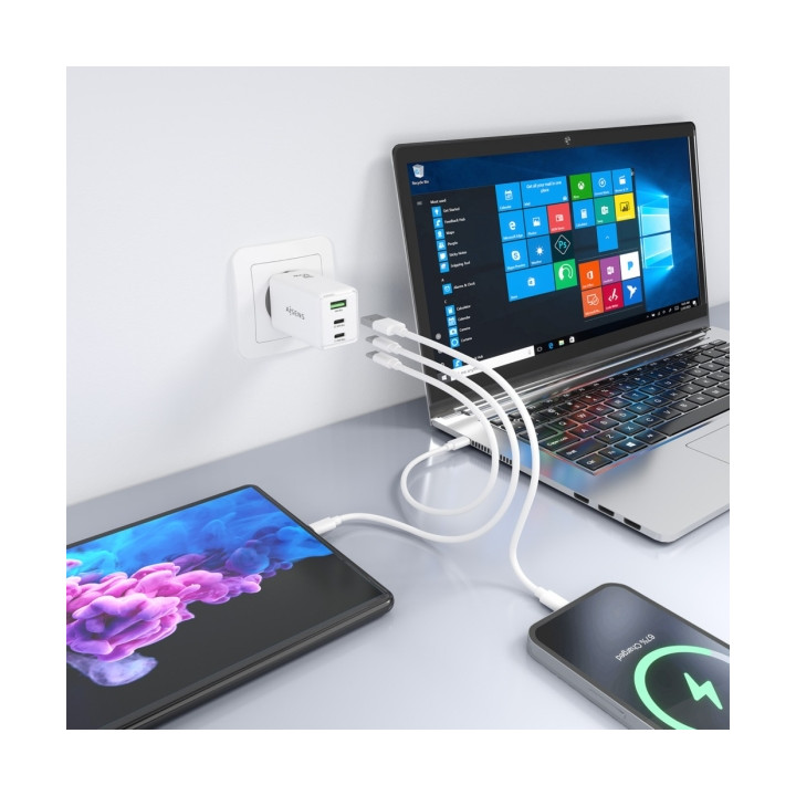 Chargeur telephone et PC portable  65W AISEN 2xUSB-C PD3.0 QC4.0  1xUSB-A  blanc