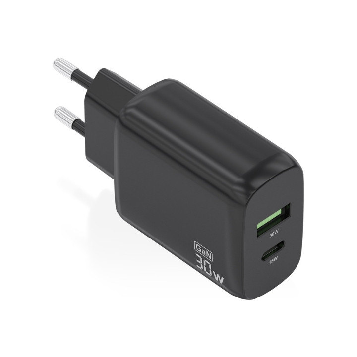 Chargeur telephone 2 ports   USB-A  USB-C 30W chaque charge rapide NOIR
