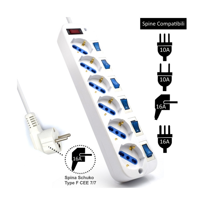 Multiprises EWEN  6 prises SCHUKO  avec  interr prot  parafoudre 16a cable 1.5m