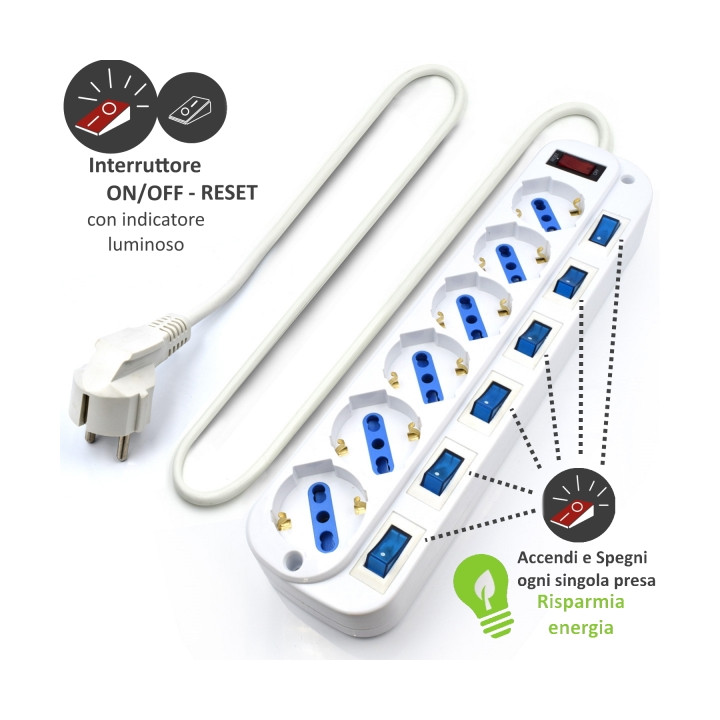 Multiprises EWEN  6 prises SCHUKO  avec  interr prot  parafoudre 16a cable 1.5m