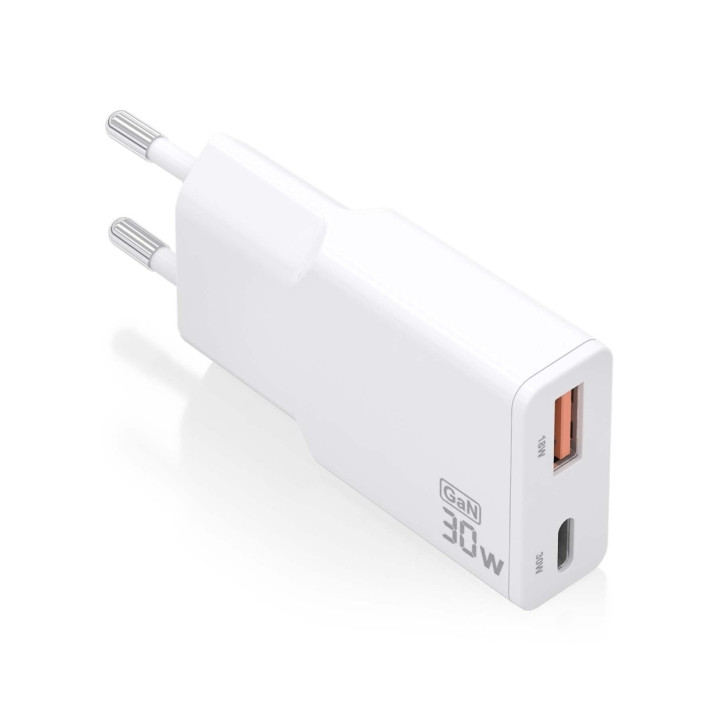 Chargeur telephone 2 ports Slim USB-A + USB-C 30W blanc