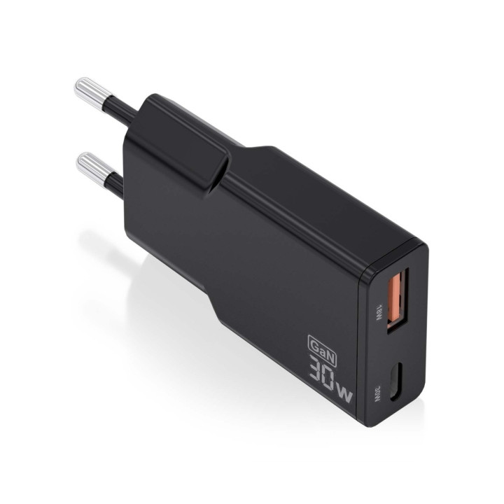 Chargeur telephone 2 ports Slim USB-A + USB-C 30W noir
