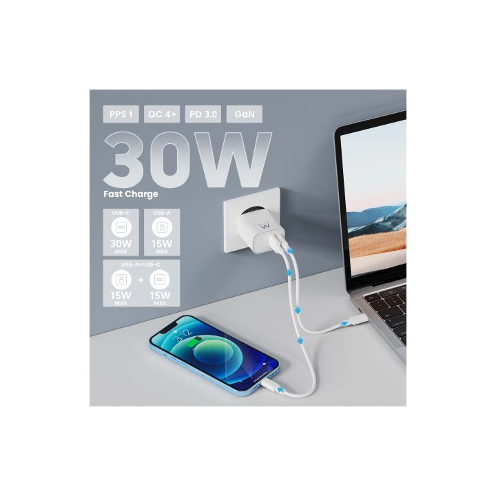 Chargeur telephone 2 ports   USB-A 30W USB-C 30W chaque charge rapide BLANC