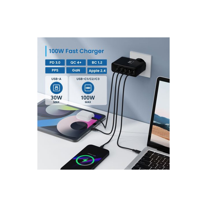Chargeur telephone et PC portable  100W 3x USB-C PD3.0  1x USB-A QC3.0 noir