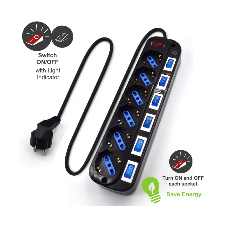 Multiprises EWEN  6 prises SCHUKO  avec  inter indiv  parafoudre 16a  cable 1.5m