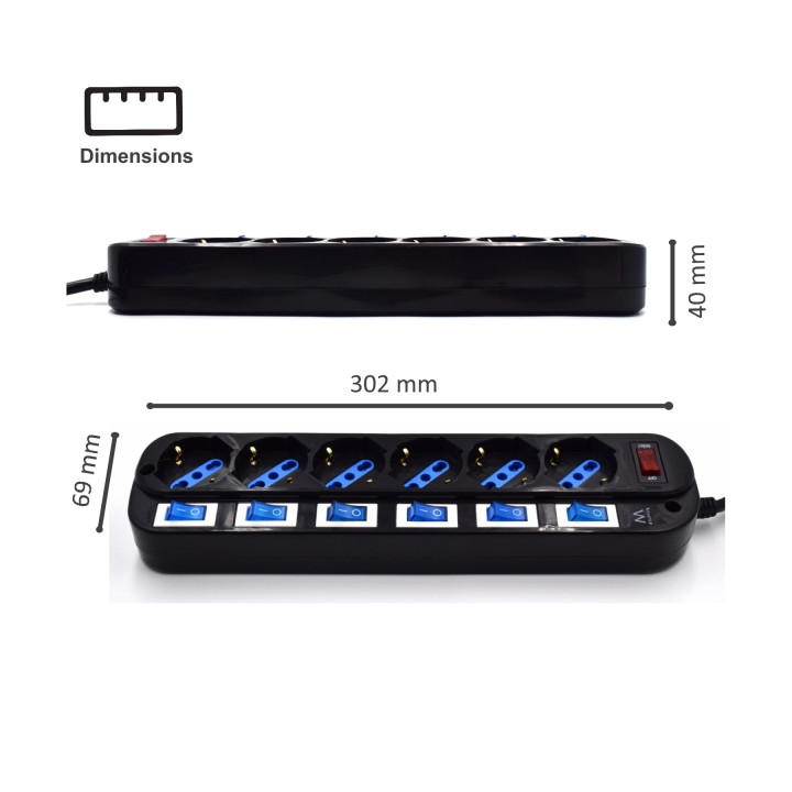 Multiprises EWEN  6 prises SCHUKO  avec  inter indiv  parafoudre 16a  cable 1.5m