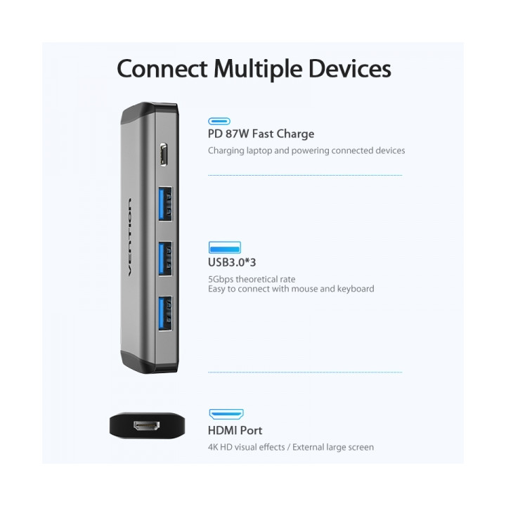 Dock USB-C vers HDMI 4K + 3x USB3.0 + USB-C charge  PD87W