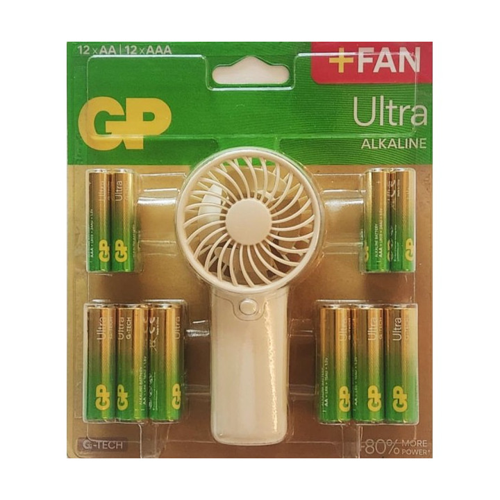 12 piles AAA LR03 + 12 piles AA LR06 + ventilateur portatif