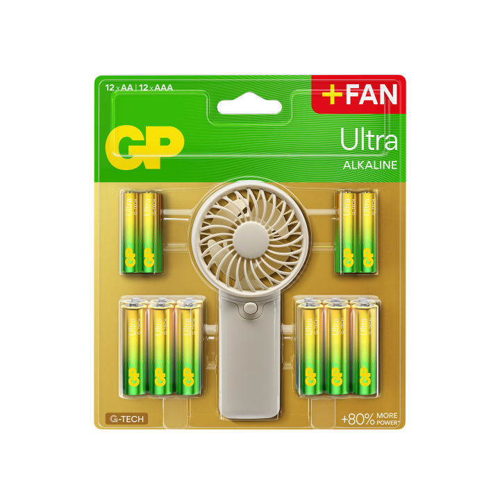 12 piles AAA LR03 + 12 piles AA LR06 + ventilateur portatif