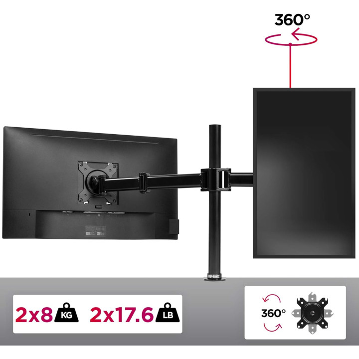 Support 2 ecrans DURONIC DM252 BK max 27p  pince bureau