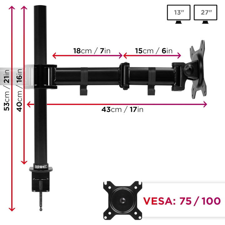Support 2 ecrans DURONIC DM252 BK max 27p  pince bureau