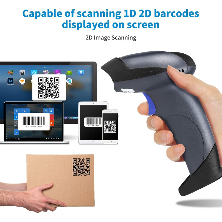 Douchette lecteur code barre QR code sans fil avec support